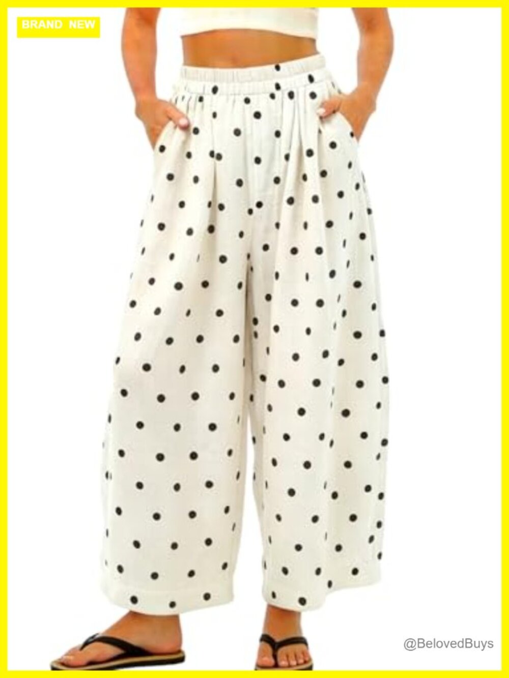 Cotton Linen Polka Dot Wide Leg Palazzo Pants Elastic Waist Beach